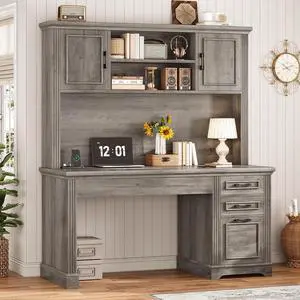 Farmhouse Computer Desk with Hutch and 3 Drawers, 47.2" Executive Office Desk with Storage Drawers, Wood Desk with Power Outlet for Home Office, Grey