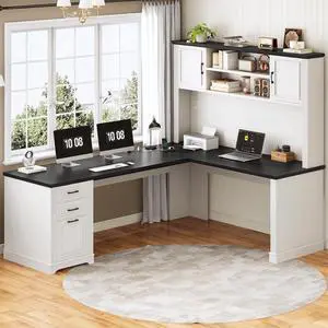 Farmhouse L Shaped Desk with Hutch and 3 Drawers, 68.9" Executive Office Desk with File Drawer and Power Outlet, Corner Computer Desk with Storage Shelves for Home Office, White