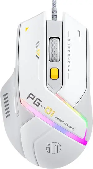 INPHIC Wired Computer Gaming Mouse Ergonomic, 12800 DPI High-Precision, 6 Programmable Buttons, RGB Backlit for Gaming - White Gray