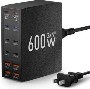 600W USB C Charger Block, 12 Port Fast Charging Station with Dual PD 100W Leather Texture Laptop Charger Adapter for Multiple Devices Compatible for MacBook Pro/Air,iPhone,iPad,Galaxy,Dell (Black)