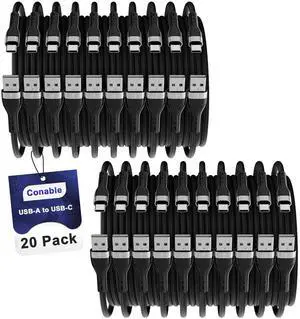 USB A to USB C Cable (1 FT, 20-Pack), Multi Pack Bulk Nylon USB A to C Charger Cable, 3A Fast Charging for iPhone 15/15 Pro /15 Plus /15 Pro Max, iPad Mini/Air/Pro, Galaxy S23, LG, Black