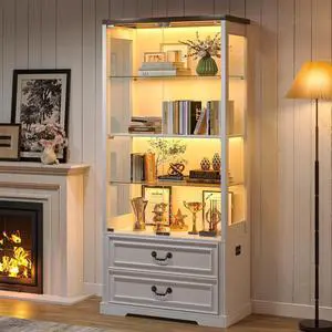 67" Tall Display Cabinet with Glass Doors and 2 Drawers, Adjustable Glass Height, Curio Cabinet with 3 LED Lights and Human Body Sensor (White)