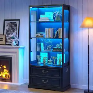 67" Tall Display Cabinet with Glass Doors and 2 Drawers, Adjustable Glass Height, Curio Cabinet with 3 LED Lights and Human Body Sensor (White) Black