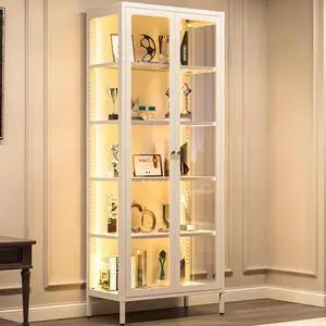 5-Tier Glass Display Cabinet with LED Lights, 67" Tall Metal Curio Cabinets with Glass Door and 4 Adjustable Shelves, Large Display Case for Collectibles Figures China Books (White)