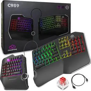 Cloud Nine C989 Ergonomic Mechanical Keyboard for PC - Kailh Linear Red Switches - RGB Light Up LED Backlit with USB - Ergo Split Key Board with Macro