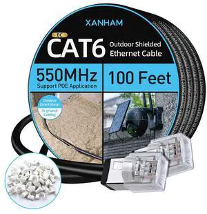 Cat6 Shielded Outdoor Ethernet Cable 100 Feet Waterproof and UV Resistant Direct Burial Jacket 23AWG Solid Copper Cat 6 FTP Network Cable, for POE and Internet Cabling Application