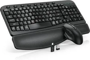 Wireless Keyboard and Mouse Combo, Ergonomic Wave Keys, Cushioned Plam Rest, Comfortable Silent Natural Typing, 2.4G Lag-Free, Full Size Keyboards Cordless Set for Multi-OS, Windows/Mac,BLACK