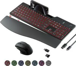 Wireless Keyboard Mouse Combo, Full Size Ergonomic Keyboard with Backlit, Wrist Rest, Calculator, Phone Holder, 2.4Ghz Silent Cordless Rechargeable Keyboard & Mouse for Laptop, PC, Windows, Mac OS