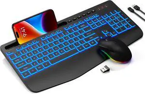 Wireless Keyboard and Mouse Combo- 7-Color Backlit, Wrist Rest, Rechargeable, Silent Light-Up Keys, RGB Mouse, Ergonomic Full Size Keyboard with Phone Holder for Windows, Mac, PC, Laptop