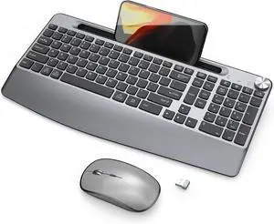 Wireless Keyboard and Mouse, Ergonomic Wireless Keyboard with Wrist Rest and Phone Holder, Quiet Mouse for Computer Mac PC Laptop-Black Grey