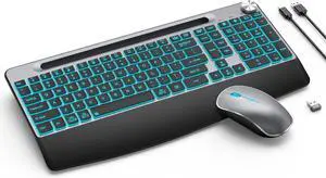 Ergonomic Wireless Backlit Keyboard with Phone Holder,Rechargeable Wireless Keyboard Mouse Combo with Light Up Keys for for Laptop, PC, Mac, Windows-Grey Black
