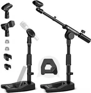 Mic Stand Desk Adjustable - Boom Arm Desktop Microphone Stand Metal Weighted Base A-frame Table Mic Mount with 2 Mic Clips 3/8" to 5/8" Screw Adapter Mic Mount for Singing Stage Performance