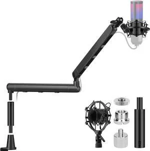 Mic Stand Boom Arm - Low/High Profile Dual Use Desk Microphone Stand with 3.5in Extension Pole Desk Mount Clamp Cable Management Mic Stands with 2 Mic Clips