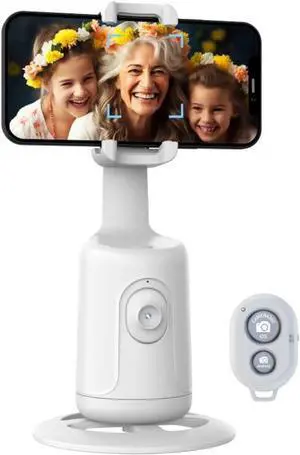 Auto Tracking Phone Holder,360° Rotation Phones Camera Mount Smart Shooting Phone Tracking Holder with Remote Selfie Stick for iPhone Android Stabilizer Shooting Live,No App,Rechargeable (White)