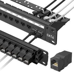 24 Port Patch Panel Rackmount or Wall Mount 19-Inch, 1U Cat6 Network Panel Preloaded with 24 Keystone Couplers plus 1 Spare, 10Gbps Ethernet Patch Panel with Cable Management & Back Support Bar
