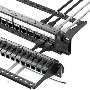 Shielded 24-Port Cat6A Patch Panel, RJ45 Coupler Feed-Through, 1U STP Keystone 10G Coupler, 19-Inch Rackmount with Detachable Back Bar, Compatible with Cat6A, Cat6, Cat5e Cabling