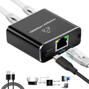 Gigabit Ethernet Splitter 1 to 2-1000Mbps High Speed RJ45 Port Multiplier with USB-C Power, LAN Network Switch for Cat5/5e/6/7/8 Cables, Plug & Play Internet Switch 1 in 2 Out for Laptop Game