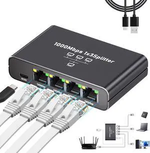 Gigabit Ethernet Splitter 1 to 3-1000Mbps RJ45 Port Multiplier with USB-C Power, Plug & Play Network Switch for Cat5/5e/6/7/8 Cables, High Speed LAN Switch 1 in 3 Out for PC Laptop AP
