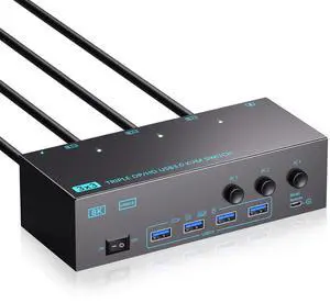 3 Monitors 3 Computers KVM Switch, 8K@60Hz KVM Switcher, 3 Monitors 3 Computers KVM Switches with 4 USB3.0 Ports, 4K Switch Keyboard Mouse Printer with USB Cables, Power Adapter