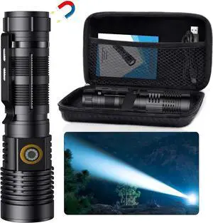 Small Tactical Flashlights High Lumens - 1500 Meters Long Beam Super Bright LED Magnetic Flashlight USB Rechargeable Zoomable 5Modes Long Beam Spotlight Flashlight for Hiking, Camping, 1pcs