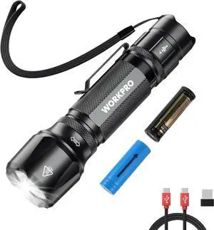 1200LM Rechargeable Tactical Flashlight, EDC Mini Flashlight, Pocket Flashlight with Clip & Lanyard, 7 Light Modes, Zoomable Adjustable Focus, Includes Lithium Battery & Alkaline Battery