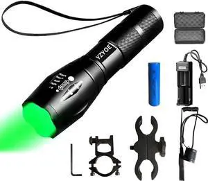 Rechargeable Green Light Tactical Flashlight,500 Yard Green Light Zoomable Flashlight Observation Lights with Pressure Switch Universal Picatinny Rail Mount kit.