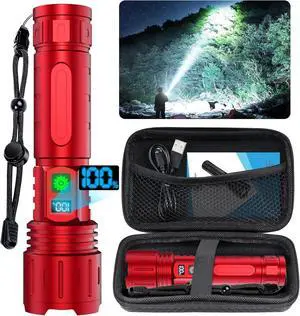 Flashlights High Lumens Rechargeable - 1500 Meters Long Beam Super Bright LED Flash Light with Power Display & IPX5 Waterproof for Camping, 20H Runtime,5 Modes,Zoomable Handheld Flashlight -Red