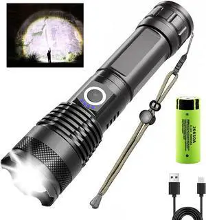 Flashlight Rechargeable Zoomable Adjustable Brightness 10000 High Lumens 1200 Meters Long Beam Super Bright LED Flash Light with Power Display Waterproof for Camping,Christmas Gifts (2400mAh)