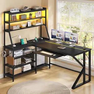 61" L Shaped Gaming Desk with Keyboard Tray, Reversible Home Office Computer Desk with LED Light & Power Outlet, Corner Gamer Desk with Storage Shelf Hooks ,Carbon Fiber Black