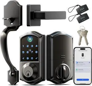VE017-H Fingerprint Smart Front Door Lock Set, App Control, Keyless Entry Deadbolt with Handle, Smart Deadbolt, Emergency Power Port, Touchscreen Keypad, Auto Lock, Easy Install, Matte Black