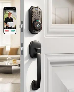 Keyless Entry Deadbolt with Handle Set - WiFi Smart Lock with Camera, 5-in-1 Camera+Doorbell+Fingerprint+Keypad, App Control, Auto Lock, Easy Install, Waterproof for Front Door