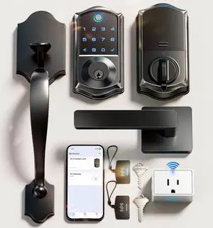 VE017G-H Wi-Fi Smart Fingerprint Front Door Lock Set, Remote App Control, Keyless Entry Deadbolt with Handle, Backlit Keypad, Alexa Compatible, Auto Lock, Easy to Install, Matte Black