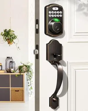 Fingerprint Door Lock Set, Keyless Entry Door Lock, Front Handle Set, Electronic Keypad Deadbolt with Lever Handle, 2 Keys, Auto-Locking, One-time Codes, Easy to Install, Oil Rubbed Bronze