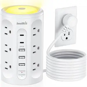 Surge Protector Power Strip Tower with 5 USB Ports and Night Light,10FT Extension Cord with 12 AC Multiple Outlets (White, 10FT)