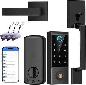 Smart Door Lock with Front Door Handle Set, Heavy Duty Fingerprint Handleset, Keyless Entry Smart Deadbolt for Front Door, Bluetooth Keypad Digital Lock Black