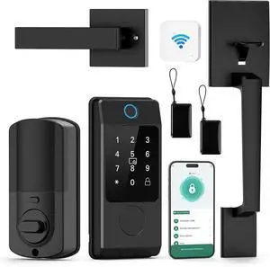 Smart Door Lock with Handle, Keyless Entry Lock Deadbolt Handle Set, Inclued WiFi Gateway Smart Deadbolt for Front, Fingerprint, Keypad Code, App Control, Voice Control(Black)