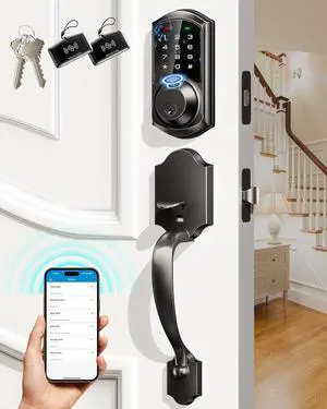VE07-H Fingerprint Smart Locks for Front Door with Handle Set, App Control, Keyless Entry Keypad Deadbolt, Digital Electronic Touchscreen, Easy Install, Auto Lock, Matte Black