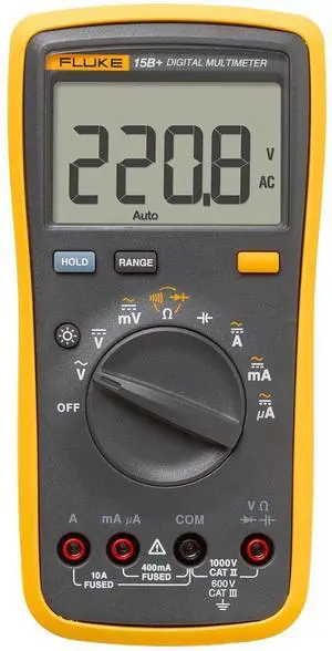 Fluke 15B+ Digital Multimeter, for Electrical Applications, Measures AC/DC Voltage and Current Measurements up to 1000V and 10A, Along with Resistance, Continuity, Diode, and Capacitance Capabilities