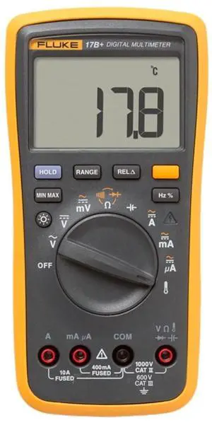 Fluke 17B+ Digital Multimeter, for Electrical Applications, Measures AC/DC Voltage 100V, Current Measurements to 10A, Resistance, Continuity, Diode, Capacitance, Frequency, and Temperature Testing