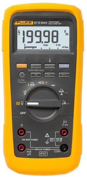 Fluke 87V MAX True-RMS Digital Multimeter, Rugged, Waterproof and Dustproof IP67 Rated, Up to 800 Hour Battery Capacity, Built-In Thermometer, Withstands Drops Up To 13 Feet, Includes TL175 Test Leads