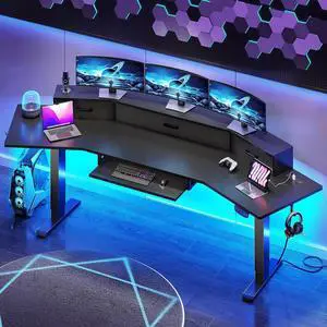 79'' Electric Standing Gaming Desk with Drawers and Led Lights, Height Adjustable Computer Desk with Power Outlet, Keyboard Tray for Home Office, Stand up Gaming Table, Black