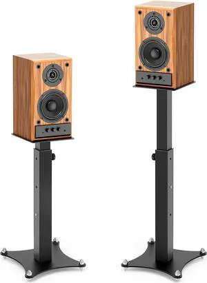 Adjustable Bookshelf Speaker Stands Pair, 20-27.5 Inch All-Metal Heavy Duty Holds 100lbs Universal for Surround Sound with Cable Management