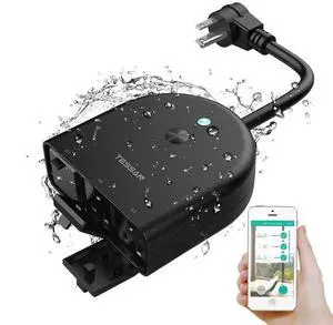 Outdoor Smart Plug Waterproof,  WiFi Smart Outlet Switch with 3 Individual Sockets Work with Alexa Echo Google Home, Remote Control and Timer Function, 2.4GHz Wi-Fi Only