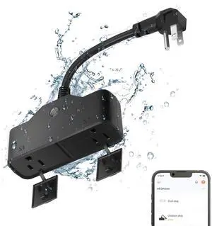 15A Outdoor Smart Plug, Heavy Duty Smart Home Wi-Fi Outlet Timer, Outlet with 2 Sockets, Wireless Remote Control, Compatible with Alexa & Google for String Light and Motors, 2.4 GHZ, Black