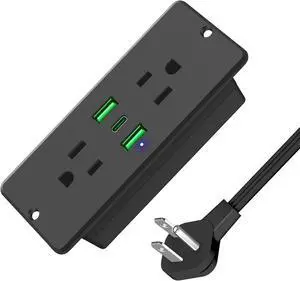 5 in 1 Recessed Power Strip Flat Plug, 45W Fast Charging Furniture Outlet with USB, Conference Recessed Socket with 2 AC Plugs, 2 USB Ports 1 USB-C, 10ft Power Cord. (Black)