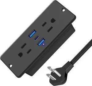 5 in 1 Recessed Power Strip Flat Plug, 65W Fast Charging Furniture Outlet with USB, Conference Recessed Socket with 2 AC Plugs, 2 USB Ports 1 USB-C, 10ft Power Cord. (Black)