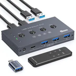 USB 3.2 Switch Selector 4 Computers Share 1 USBC & 3 USBA Devices 10Gbps 4 Port USB Switcher Sharing Keyboard Mouse Printer Scanner with Cable and Remote Control and a dapter