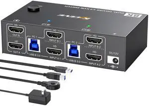 8K HDMI KVM Switch 2 Monitors 2 Computers 8K@60Hz 4K@144Hz,USB 3.0 Dual Monitor KVM Switch for 2 Computer Share 2 Monitor and 4 USB3.0 HUB,Wired Remote,12V Power Adapter and USB Cable Included