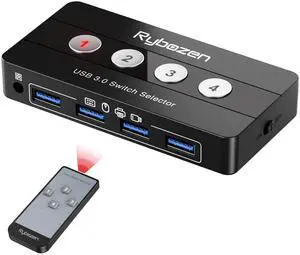 USB 3.0 Switch Selector, 4 Port KVM Switch USB Peripheral Switcher Box, 4 Computers Sharing 4 USB Devices, Button Switch & Remote Control