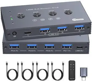 10Gbps USB 3.2 Switch 4 Computers Share 4 Peripherals 4 Port USB Switcher for Mouse Keyboard Printer with Remote and Cables